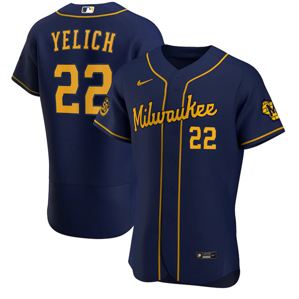Men's Milwaukee Brewers #22 Christian Yelich Navy Alternate 2020 Stitched Jersey Men's Milwaukee Brewers #22 Christian Yelich Navy Alternate 2020 Stitched Jersey